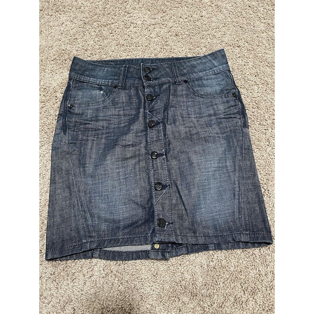 Denim Jeans Skirt Womens Small Blue Dark Wash Mini Button Front Desperado JNS
